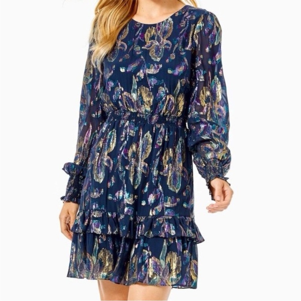 Lilly Pulitzer Dotti Silk Metallic Floral Multi Navy Blue Mini Dress Size 6